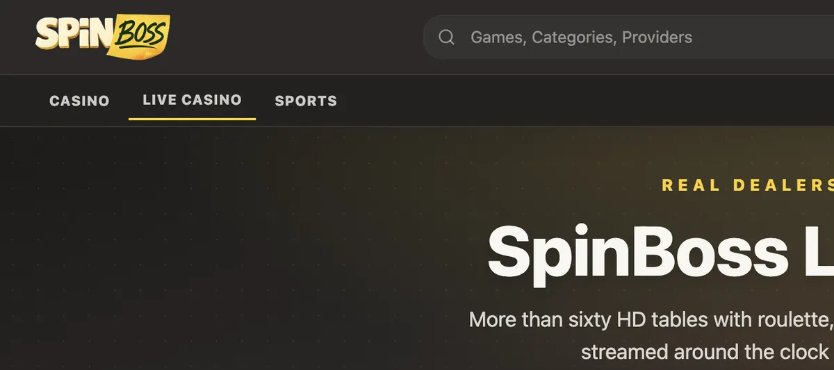 Aufgenommen am 7. September 2026 auf spinboss.live: die Live-Casino-Seite von SpinBoss mit englischer Benutzeroberfläche